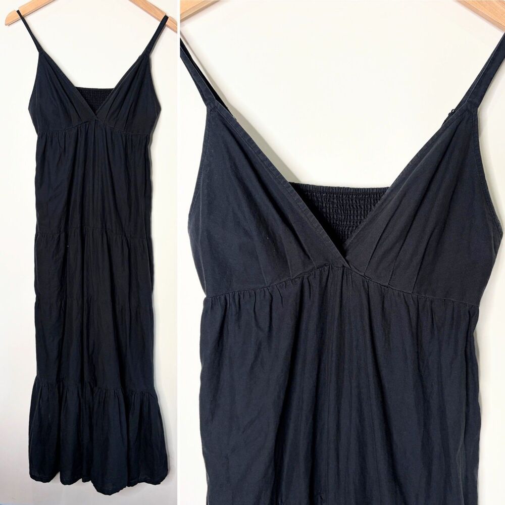 Tommy Hilfiger Dress Tiered Maxi Black Cotton V-Neck Sleeveless Pockets Women S
